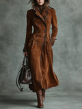 Suede Trim Double-breasted Lapel Long Coat