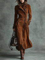 Suede Trim Double-breasted Lapel Long Coat