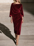 Burgundy Velvet Draped Midi Dress