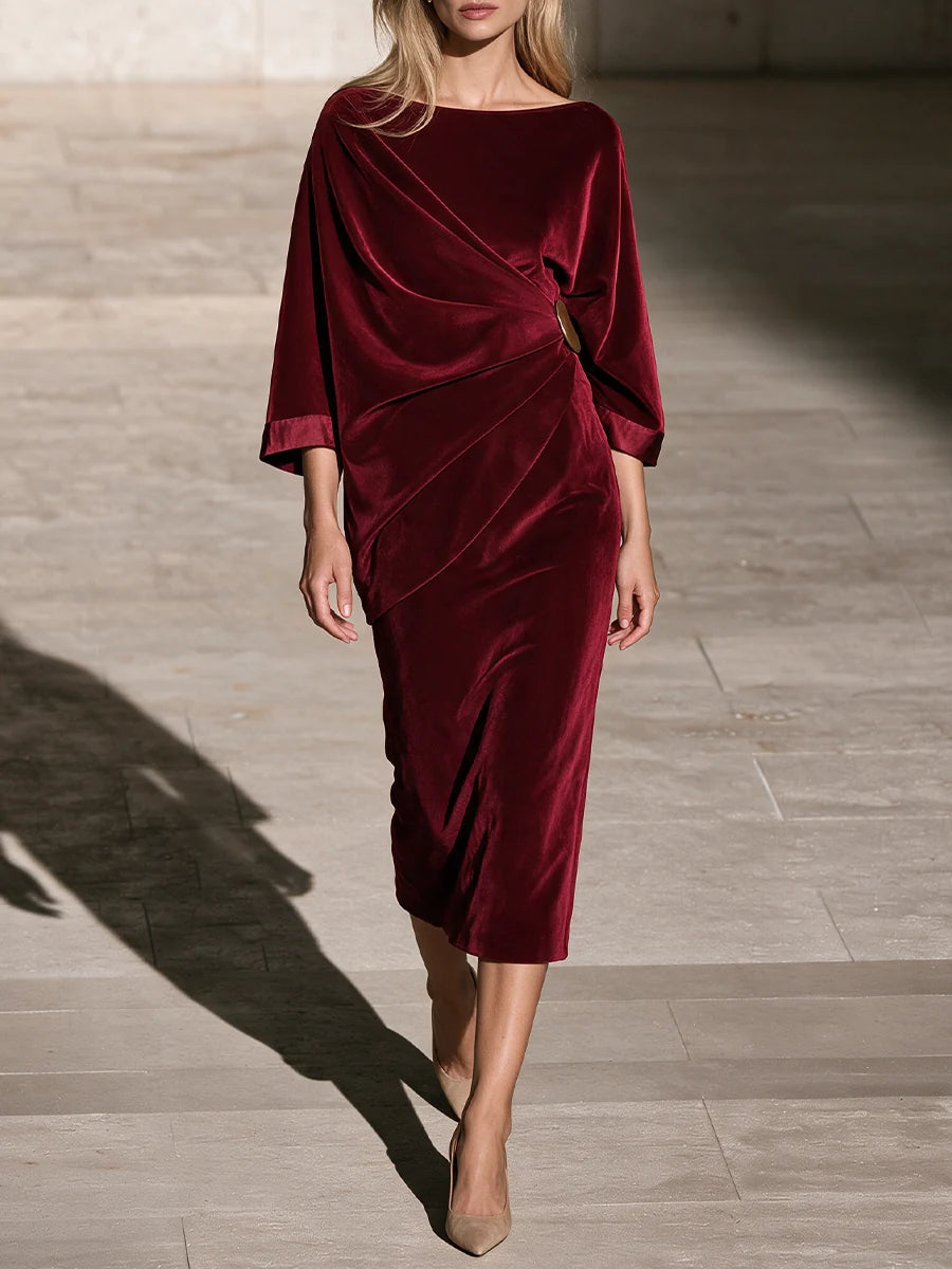 Burgundy Velvet Draped Midi Dress