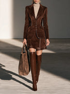 Peak-Lapel Cinched-Waist Blazer & Leather-Trim Mini Skirt Set