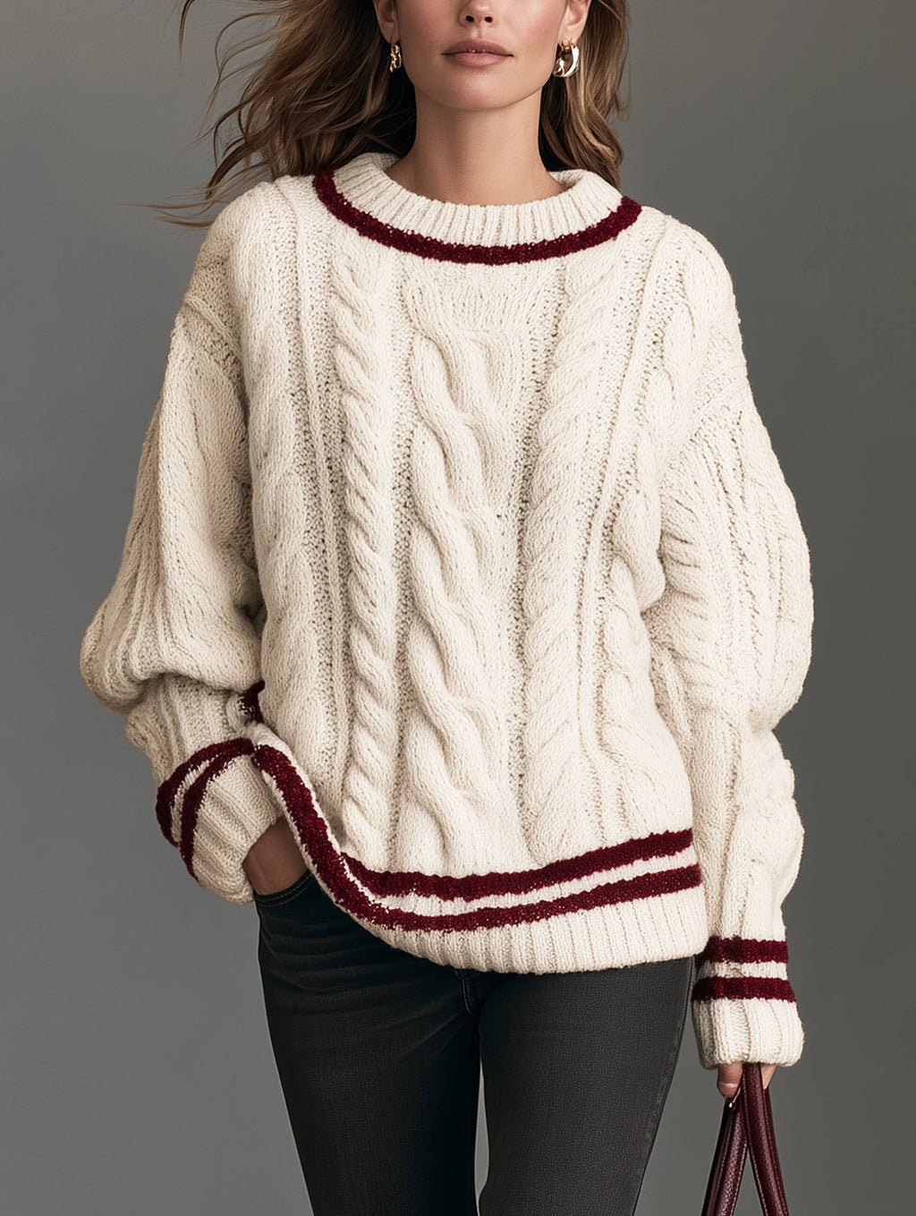 Casual Cable-Knit Long-Sleeve Crew-Neck Sweater