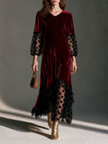 V-Neck Blouson-Sleeve Polka-Dot Mesh Velvet Maxi Dress