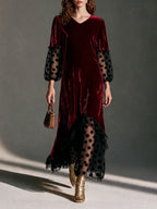 V-Neck Blouson-Sleeve Polka-Dot Mesh Velvet Maxi Dress