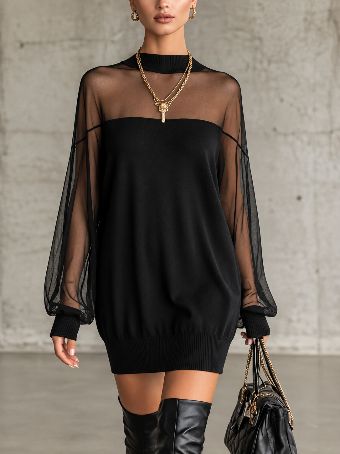 Elegant Black Mini Dress With Mesh Sleeves
