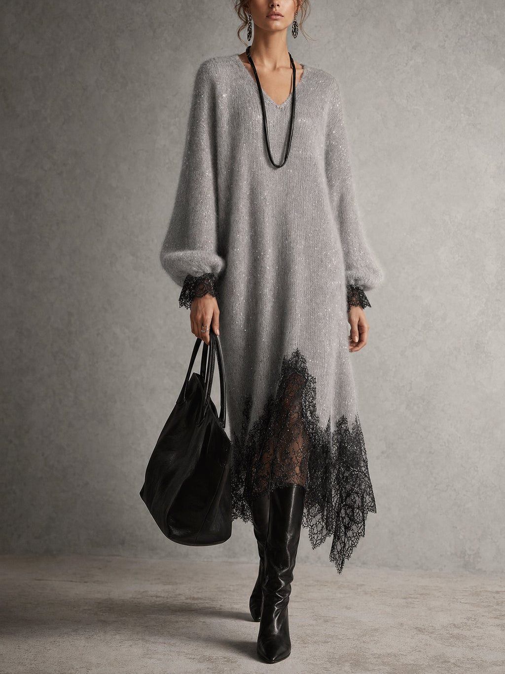 Sequin Knit Dress With Lace Hem