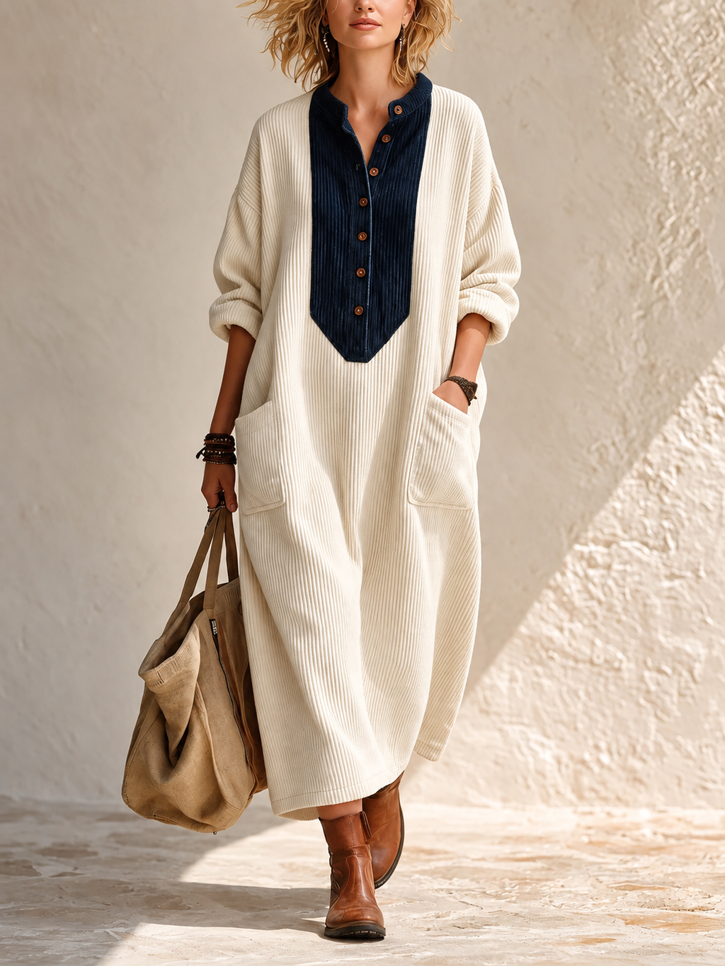 Boho Casual Cozy Colorblock Faux Suede Maxi Dress