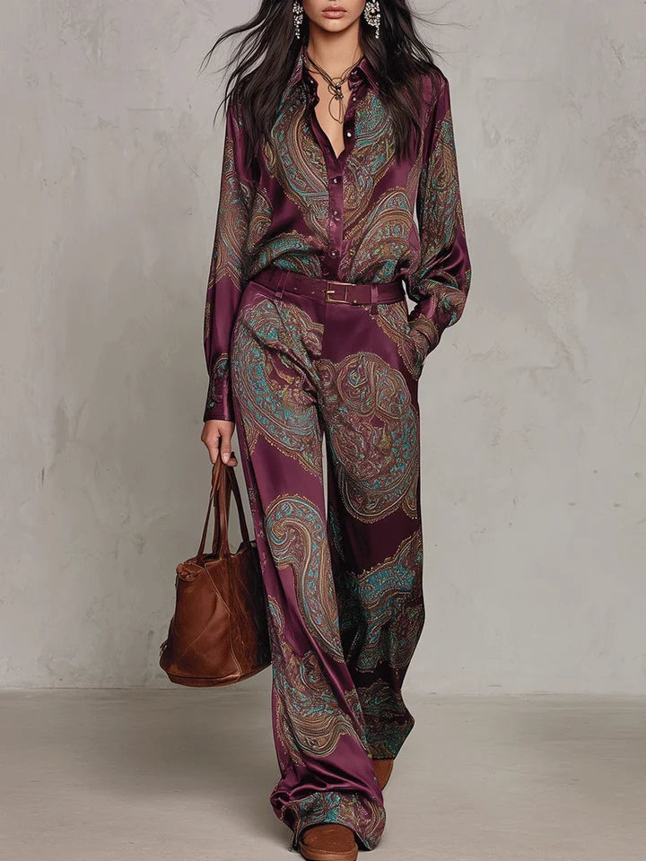Vintage Paisley Satin Belted Ensemble