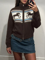 Horse Zip Up Mock Neck Cardigan