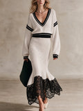 Stripe Trim Knit Top & Lace‑Hem Mermaid Midi Skirt Two‑Piece Set
