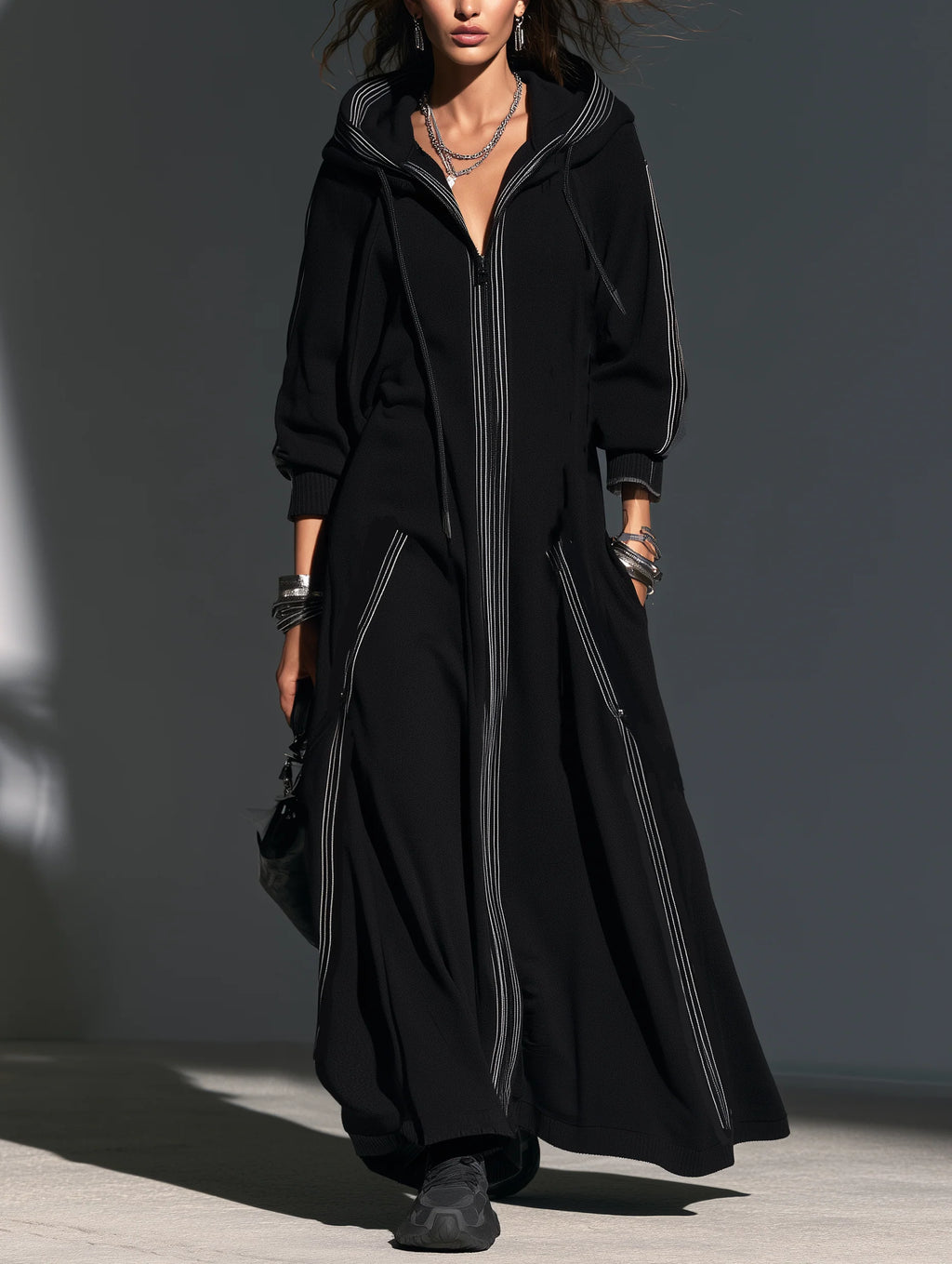 Black Long-Sleeve Hooded Long Coat In Sweatshirt Fabric