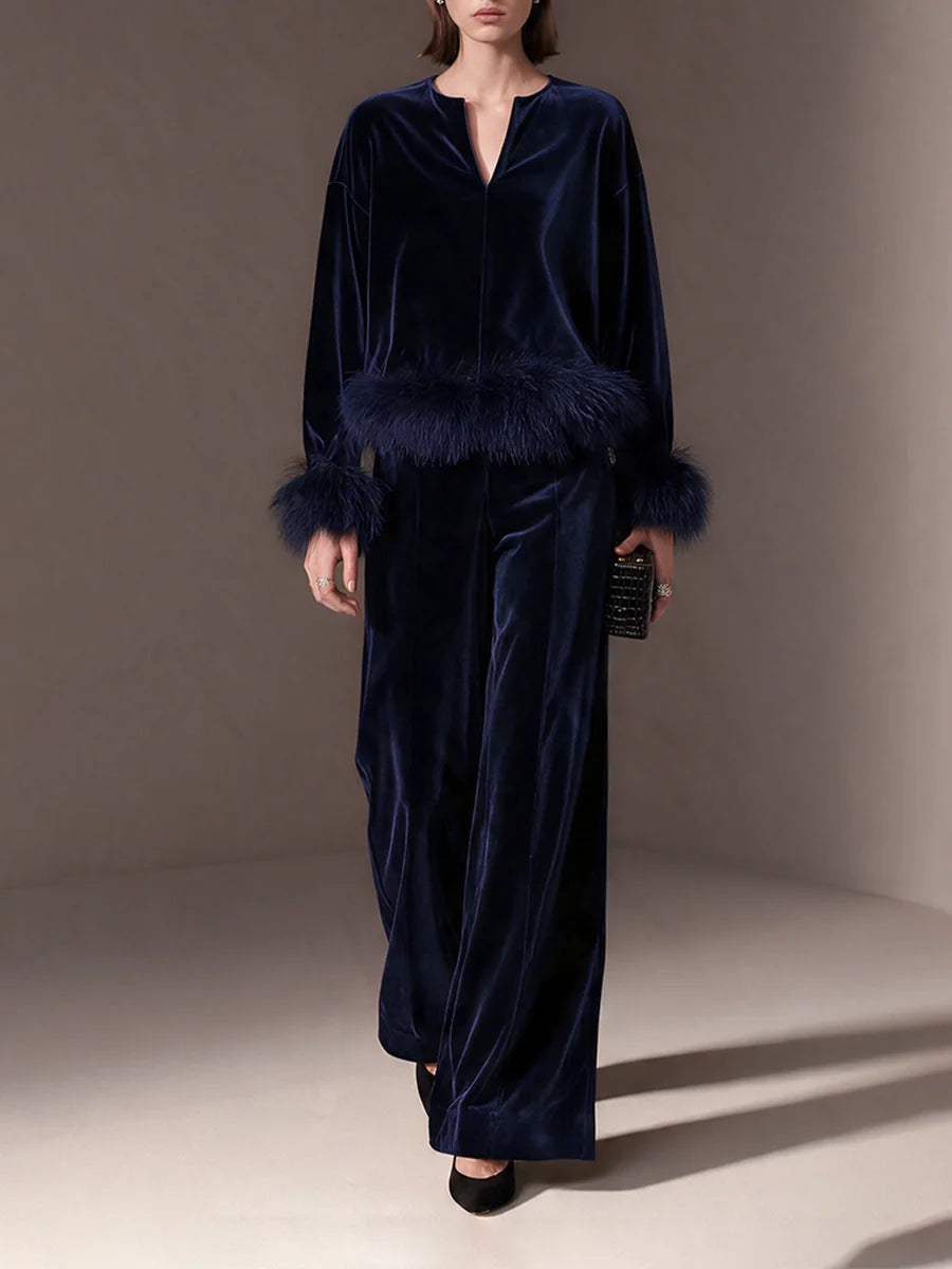 Navy Velvet Artificial Fur Trim Notch-Neck Drop-Shoulder Top And Wide-Leg Trousers Set