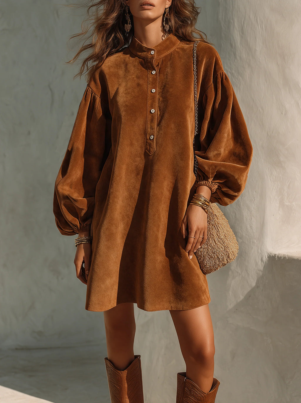 Vintage Velvet Lantern-Sleeve Button-Collar Mini Dress