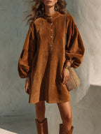 Vintage Velvet Lantern-Sleeve Button-Collar Mini Dress