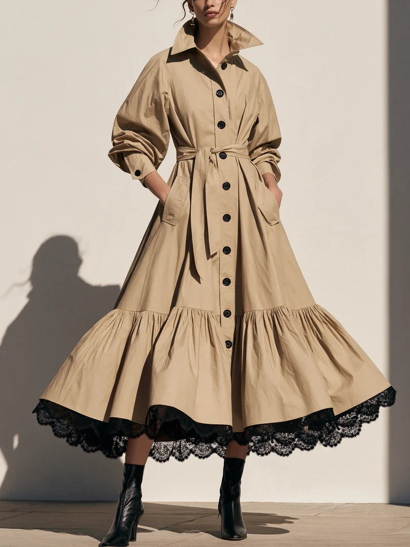 Elegant A-Line Lace Hem Belted Trench Coat