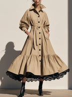 Elegant A-Line Lace Hem Belted Trench Coat