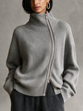 Diagonal‑Zip Funnel Neck Knit Sweater