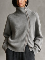 Diagonal‑Zip Funnel Neck Knit Sweater