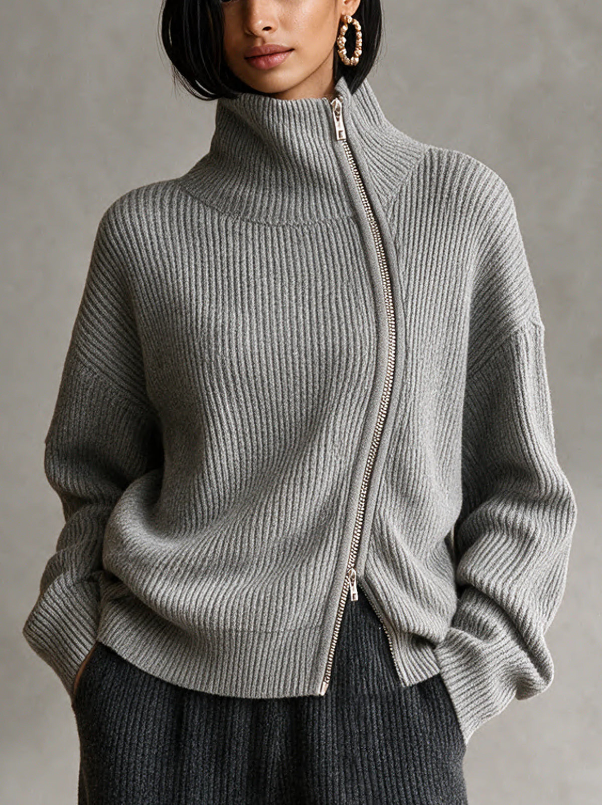 Diagonal‑Zip Funnel Neck Knit Sweater