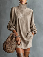 Loose-fitting Faux Suede High-neck Mini Dress
