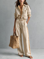 Khaki Cotton-Linen Shirt And Trousers Two-Piece Set