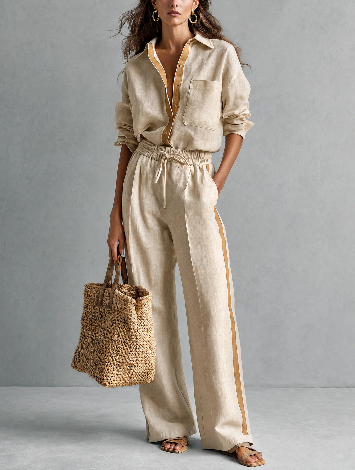 Khaki Cotton-Linen Shirt And Trousers Two-Piece Set