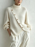 Turtleneck Knit Sweater With Diagonal Wooden Button Detail