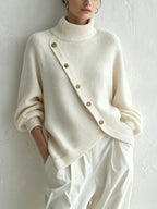 Turtleneck Knit Sweater With Diagonal Wooden Button Detail