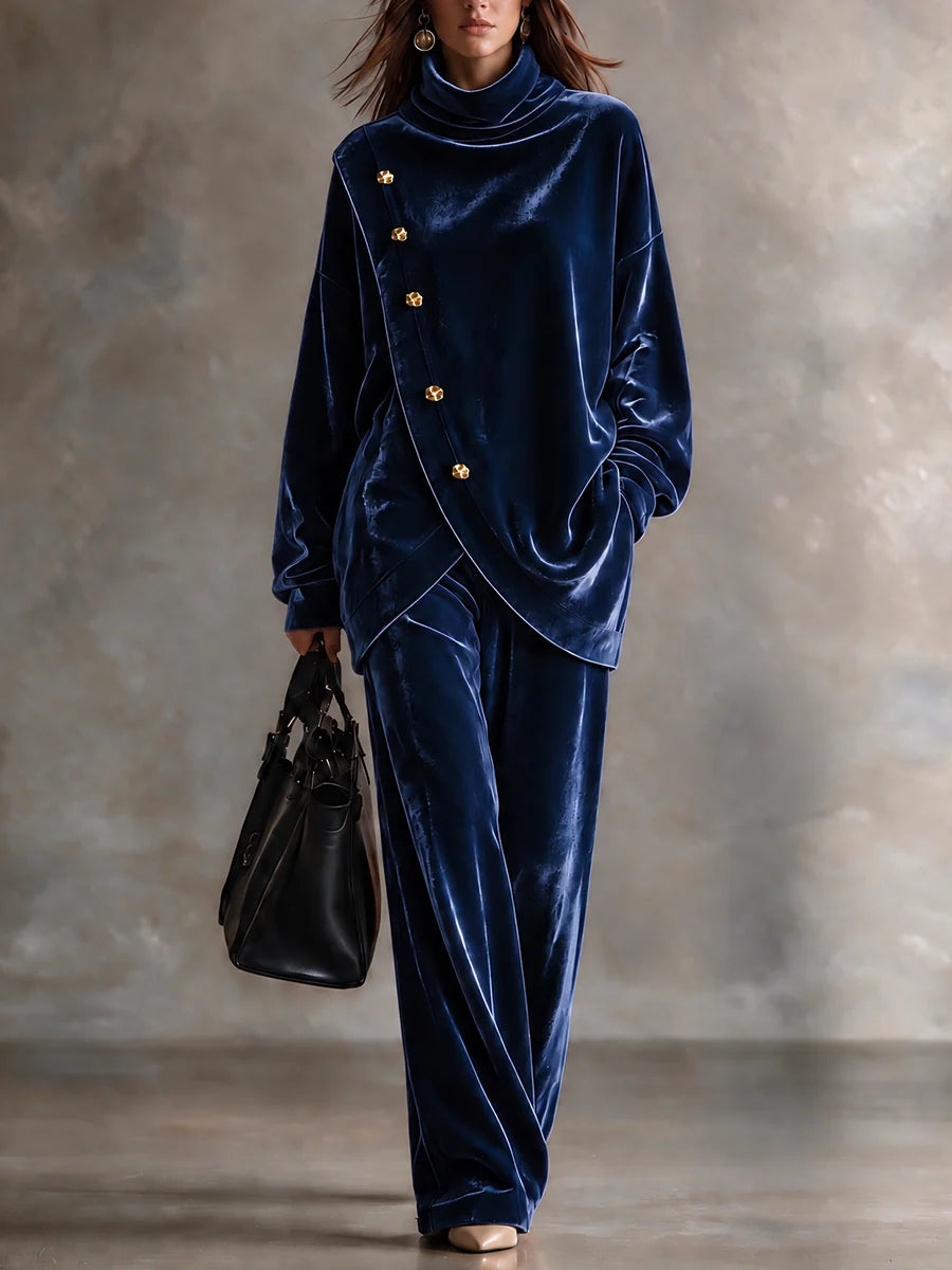 Velvet High-Neck Two-Piece Set with Asymmetric Metal Buttons