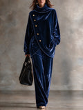 Velvet High-Neck Two-Piece Set with Asymmetric Metal Buttons