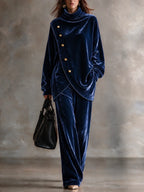 Velvet High-Neck Two-Piece Set with Asymmetric Metal Buttons
