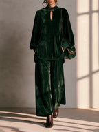 Round Neck Drop-Shoulder Blouson-Sleeve Top & Wide-Leg Trouser Velvet Set