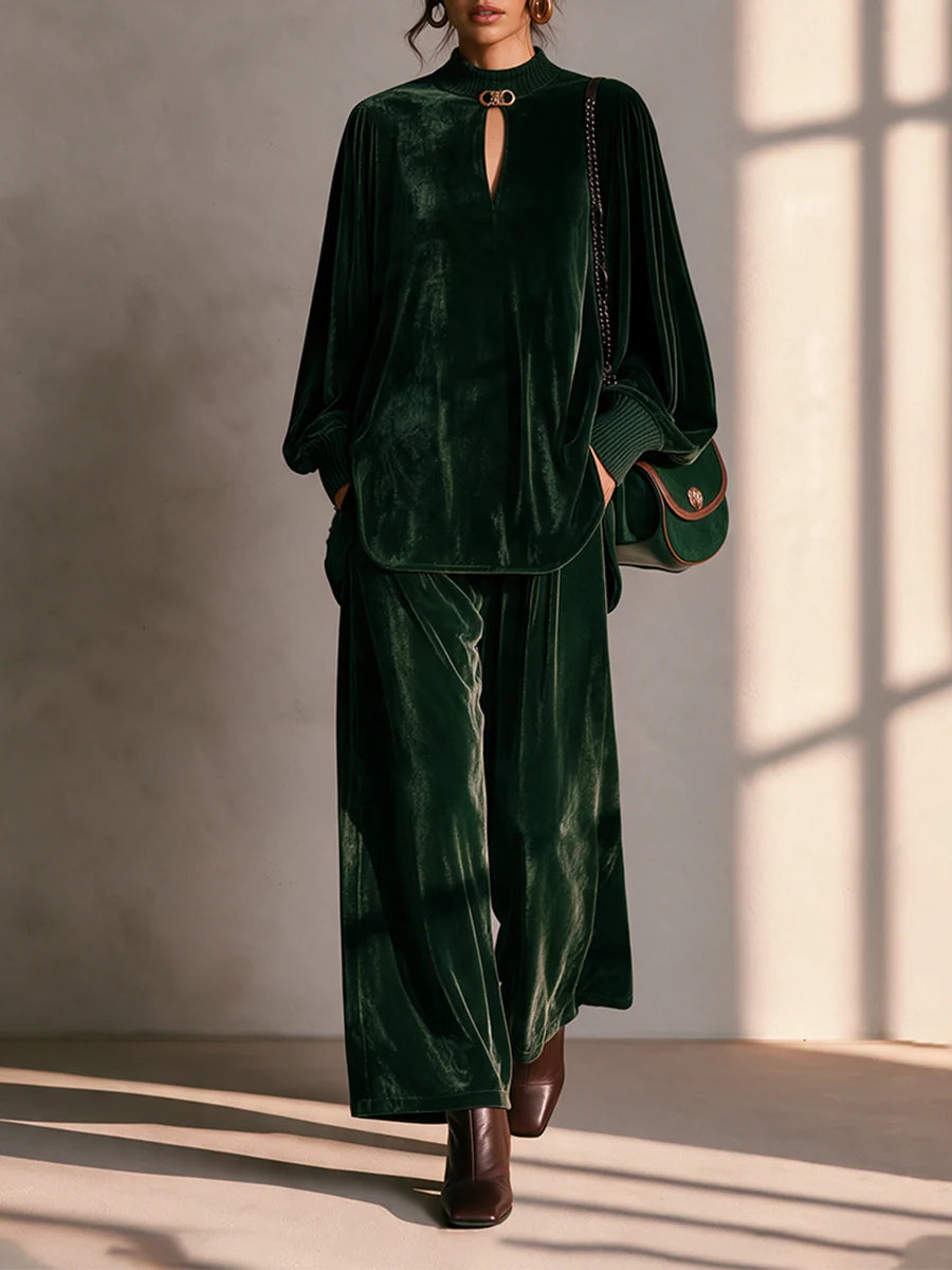Round Neck Drop-Shoulder Blouson-Sleeve Top & Wide-Leg Trouser Velvet Set