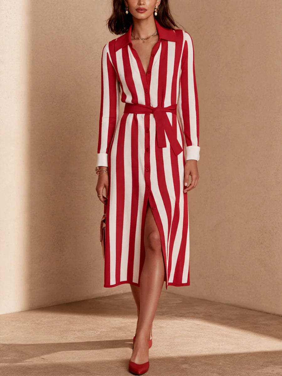 Striped Belted Casual Knit Midi Dress