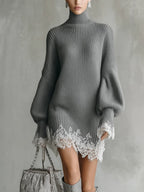 Knitted White Lace Turtleneck Comfortable Mini Dress