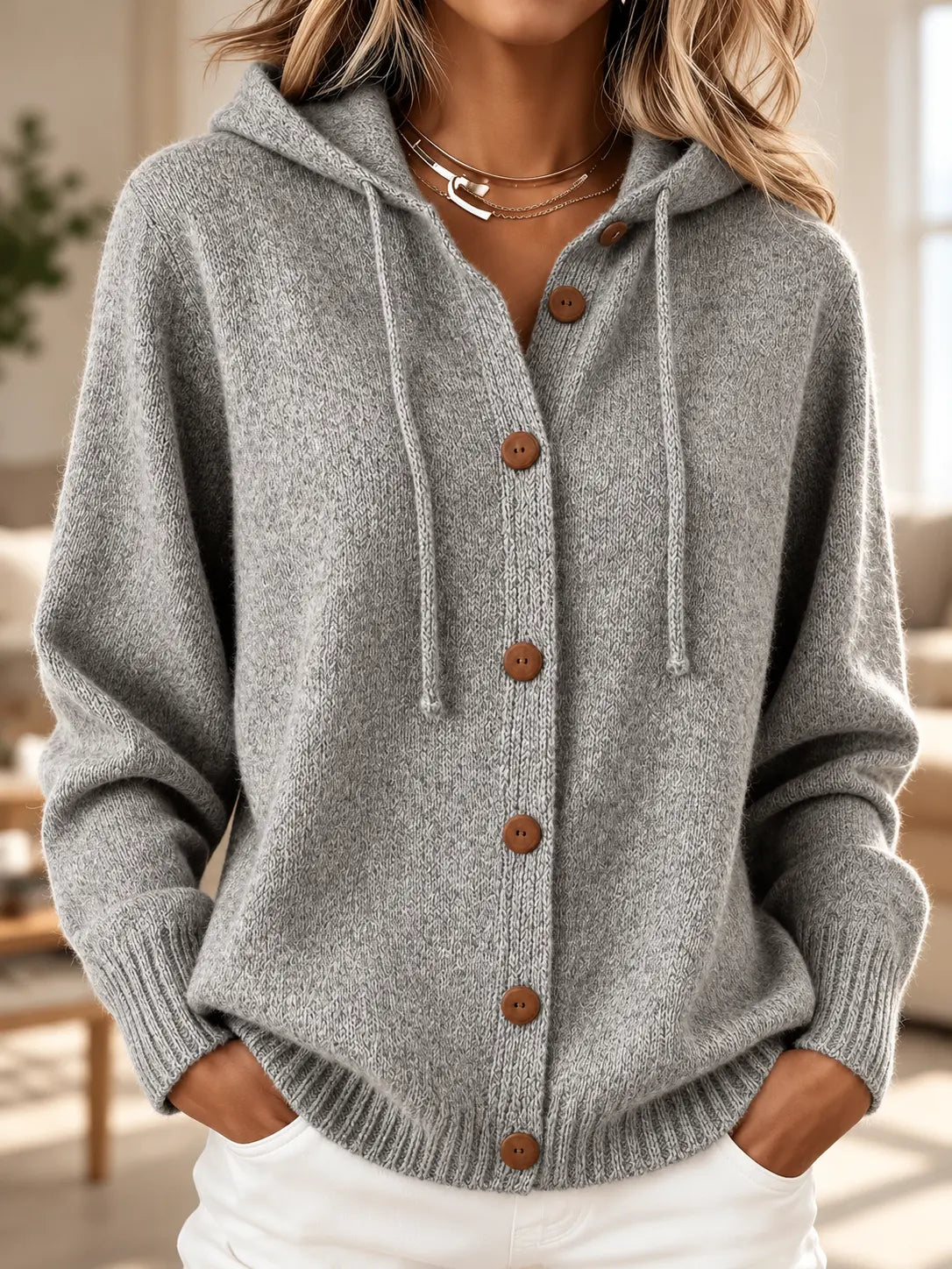 Cozy Knit Hooded Cardigan – Soft Button-Front Sweater