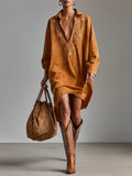Suede Loose Lapel V-neck Embroidered Long-sleeved Midi Dress