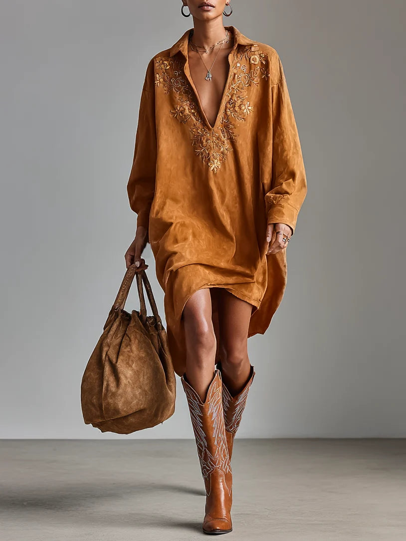 Suede Loose Lapel V-neck Embroidered Long-sleeved Midi Dress