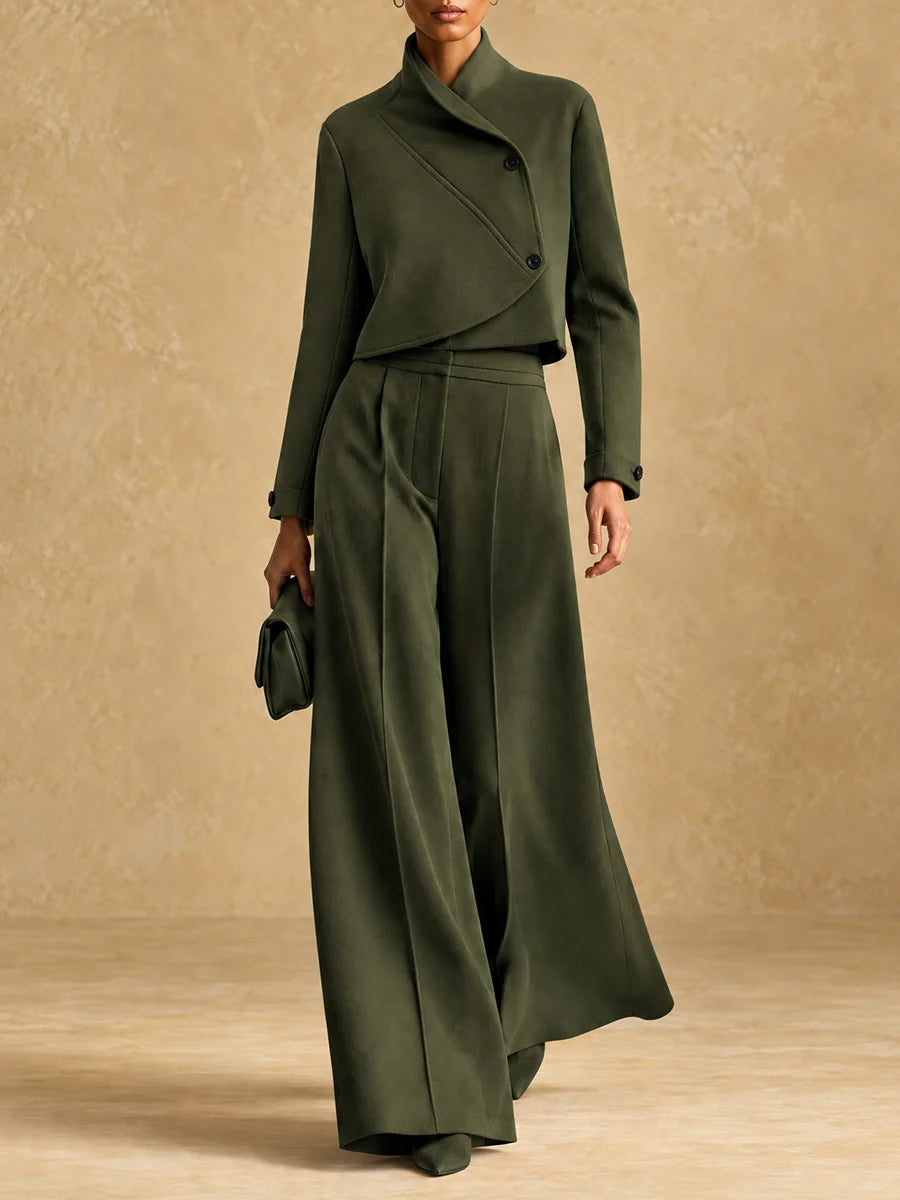 Asymmetric Cropped Jacket and Wide-Leg Trousers Set