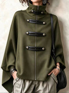 Cozy Stand-collar Stud-embellished Zippered Cape Coat