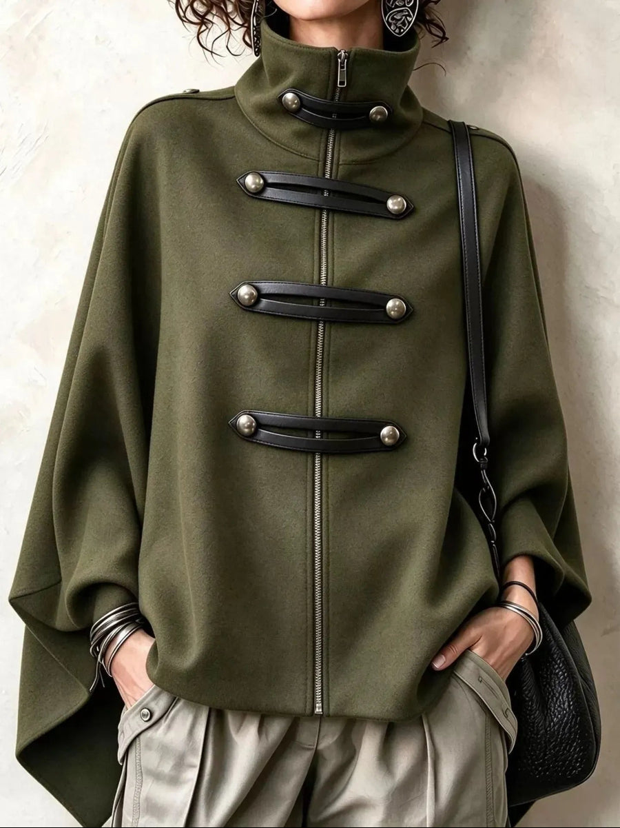Cozy Stand-collar Stud-embellished Zippered Cape Coat