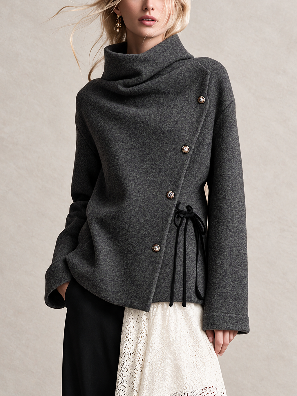 Woolen Draped Neck Asymmetric Button‑Front Jacket