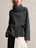 Woolen Draped Neck Asymmetric Button‑Front Jacket