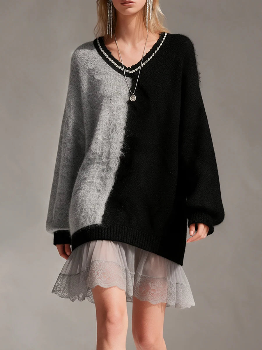 Color-Block V-Neck Wool Knit Mini Dress