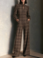 Vintage Plaid Woolen Stand Collar Wide Leg Jumpsuit