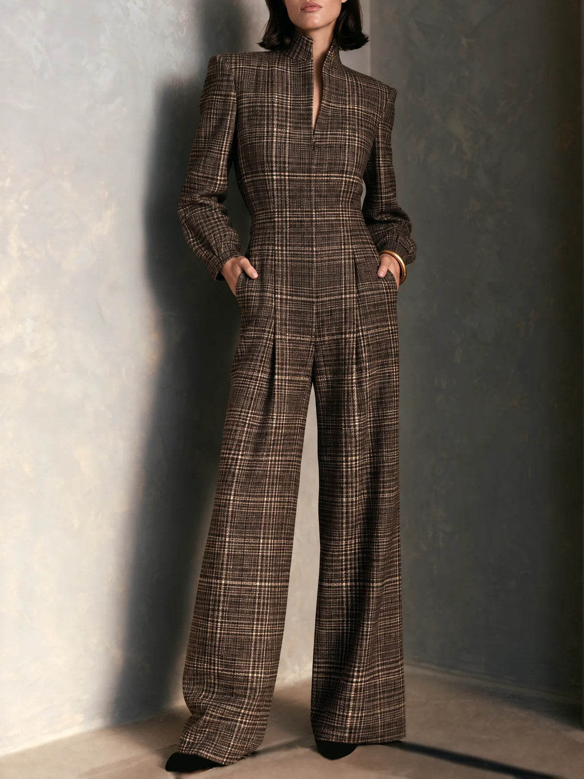 Vintage Plaid Woolen Stand Collar Wide Leg Jumpsuit