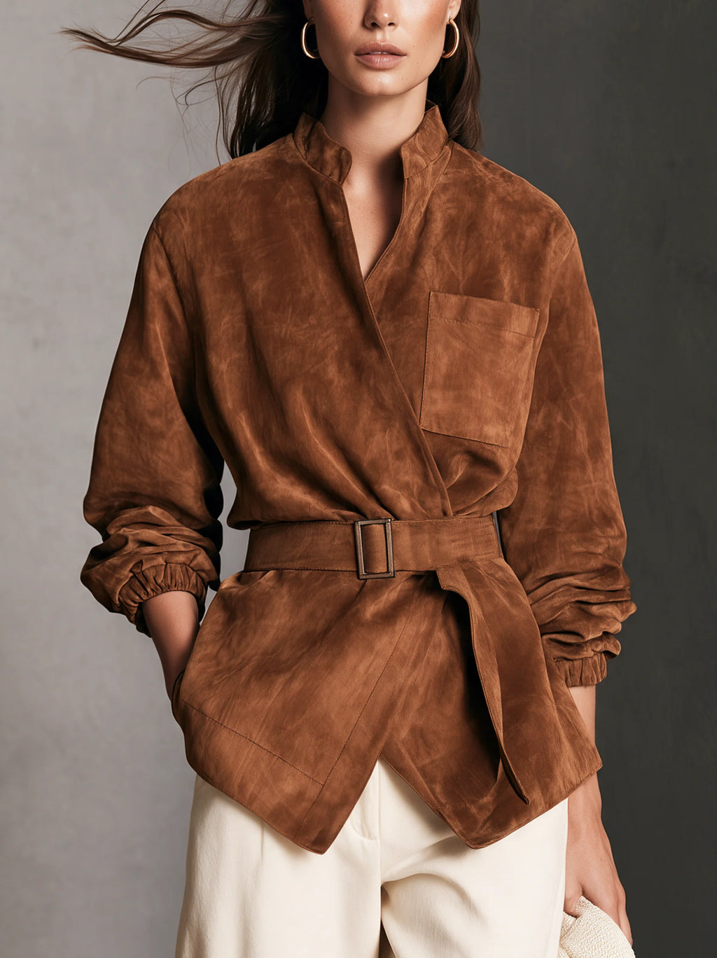 Chaqueta casual marrón de ante de manga larga