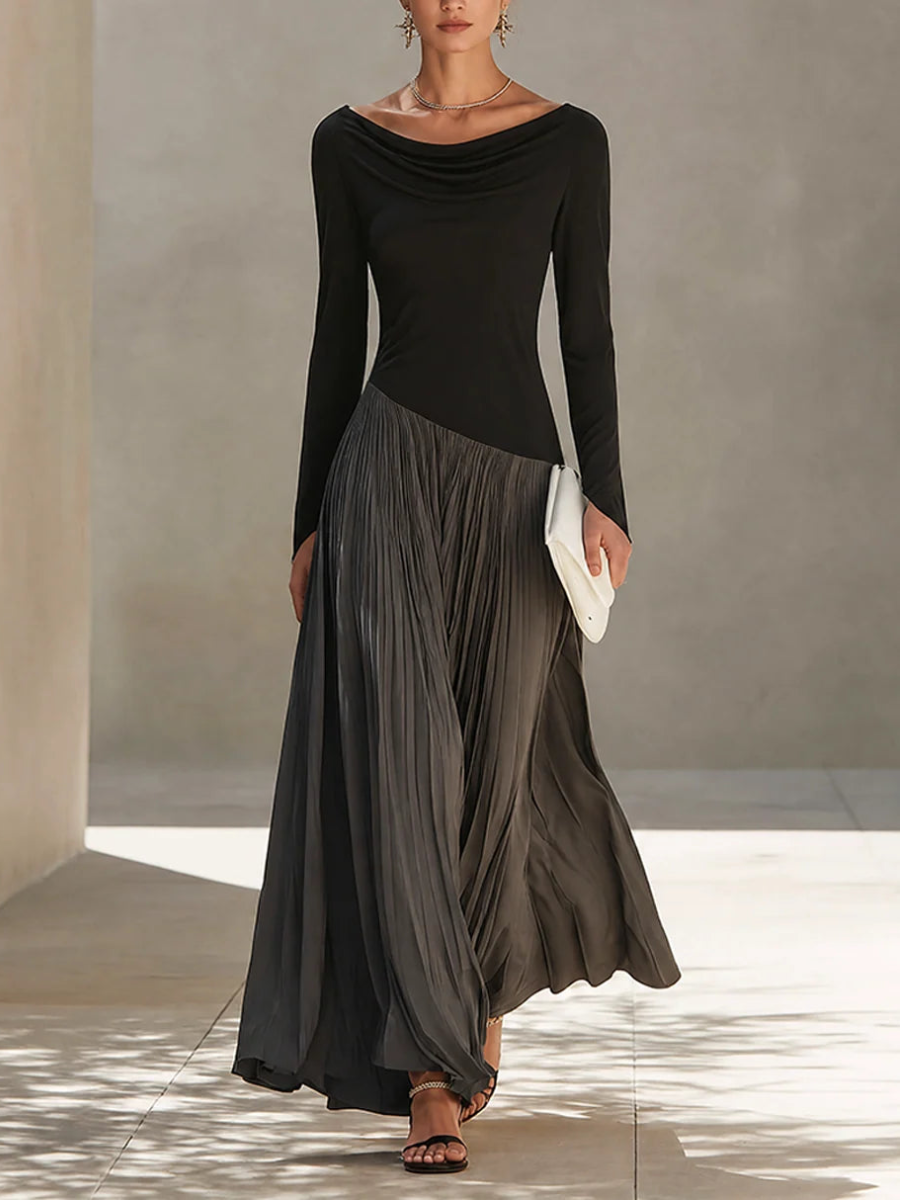 Minimalist Two-Tone Color-Block Maxi Dress With Drape Neckline