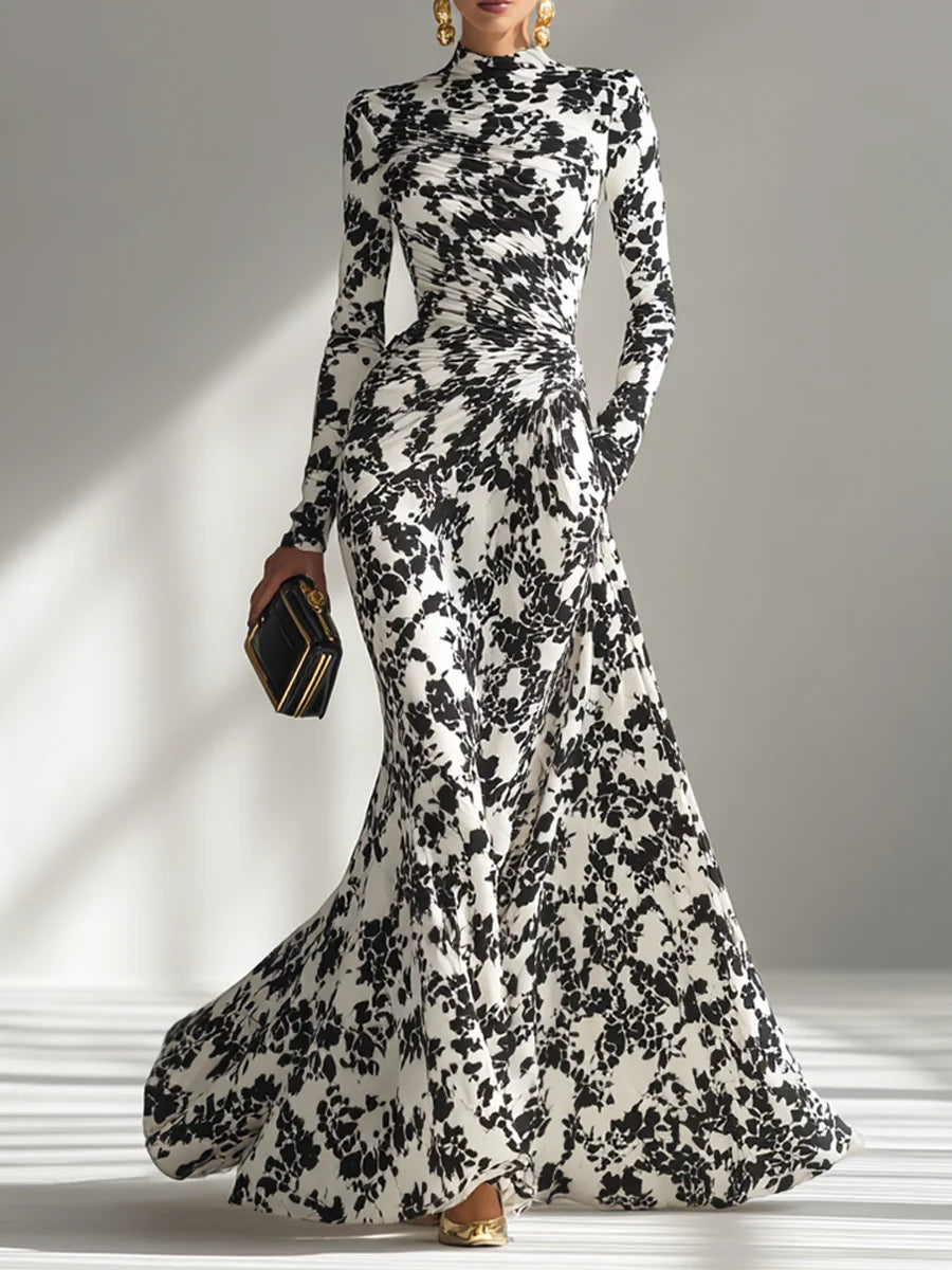 High-Neck Long Sleeve Floral Print Maxi Dress
