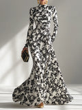 High-Neck Long Sleeve Floral Print Maxi Dress
